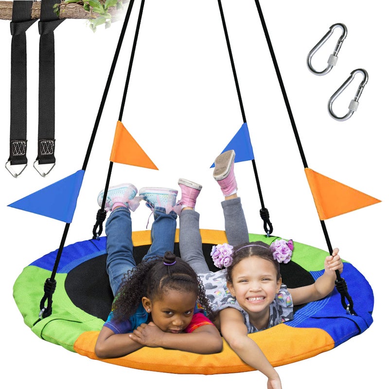 PACEARTH 40 Inch Saucer Tree Swing Flying 900lb Weight Capacity 2 Added Hanging Straps Adjustable Multi-Strand Ropes Colorful Safe and Durable Swing Seat for Children - Image 1